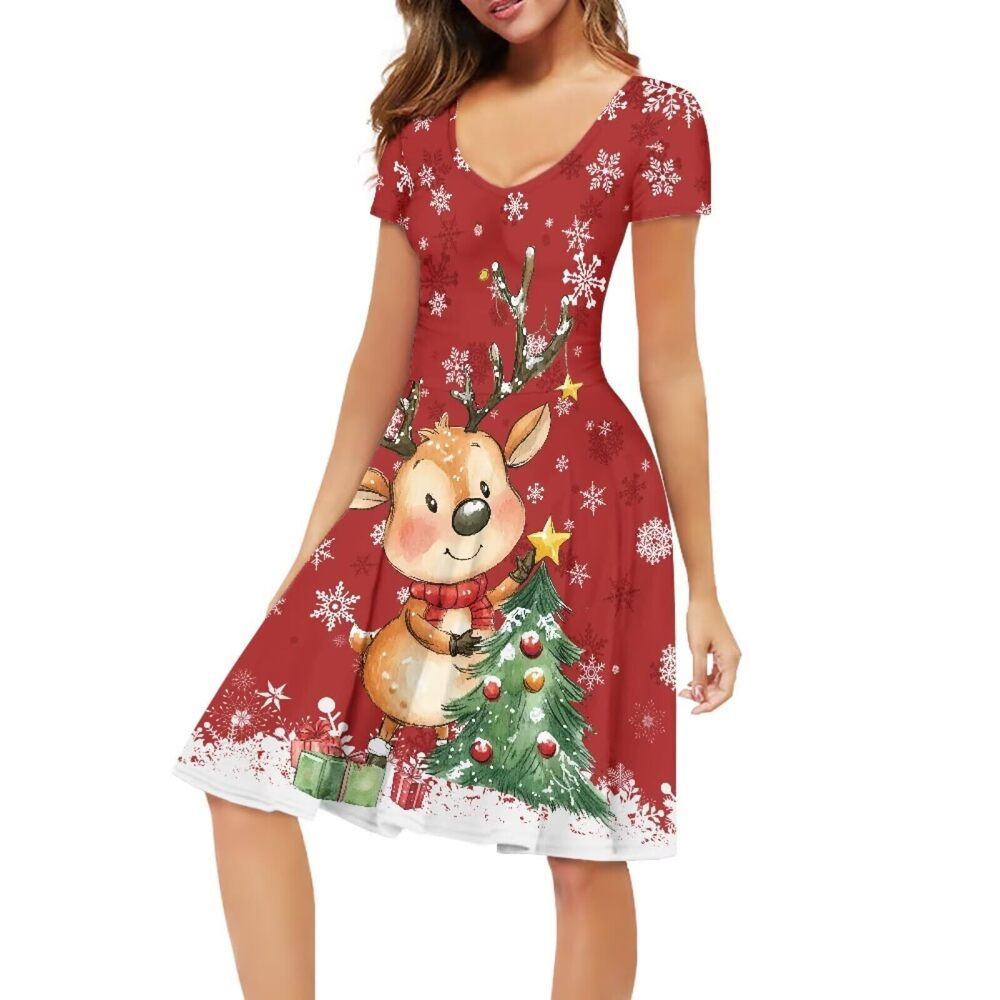 7157 Christmas Deer Print Dress V Neck A-Line Dress Xams Holiday Party